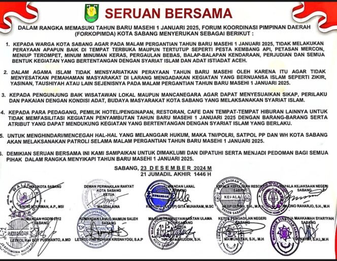 
					Forkopimda Sabang Larang Perayaan Tahun Baru 2025