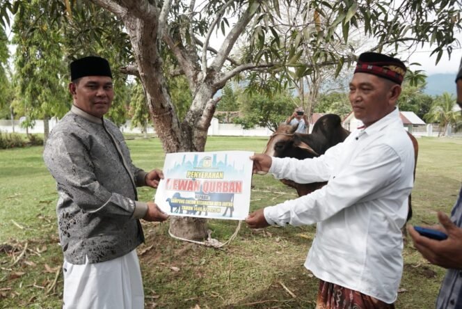 
					Bupati Aceh Besar H Muharram Idris (Syech Muharram) secara simbolis menyerahkan hewan qurban, di Masjid Agung Al-Munawwarah Kota Jantho, Aceh Besar, Jumat (6/6/2025). FOTO/ MC ACEH BESAR
