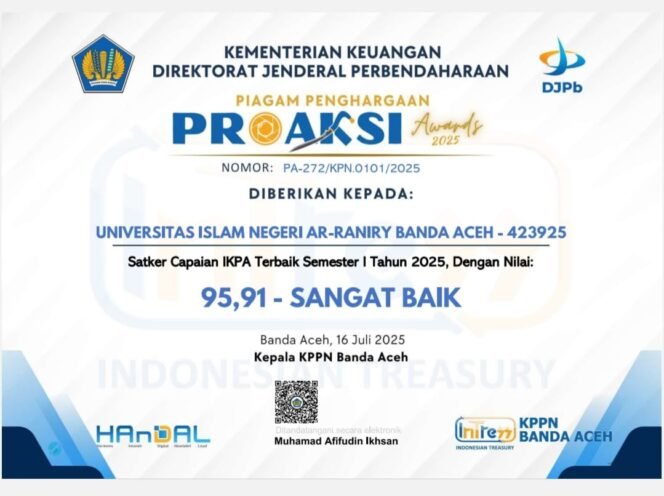 
					UIN Ar-Raniry Raih Proaksi Award 2025 dari KPPN Banda Aceh