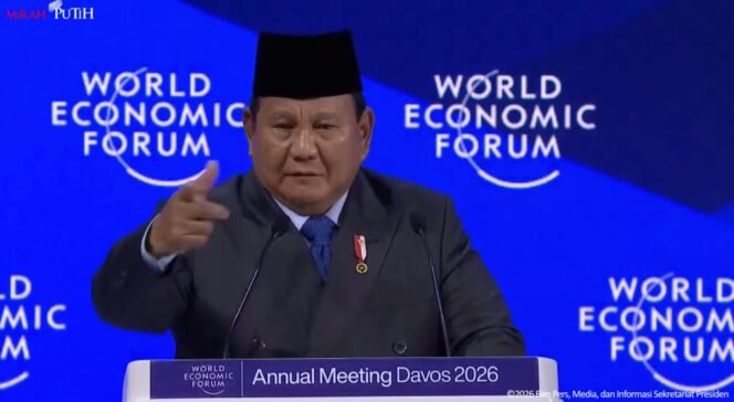 
					Presiden Prabowo Subianto saat berpidato di WEF 2026 Davos, Swis, Kamis (22/1/2026). (Tangkapan Layar Youtube Setpres)