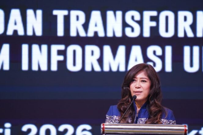 
					Menkomdigi Meutya Hafid saat berbicara di sela-sela Konvensi Nasional Hari Pers Nasional (HPN) 2026 di Serang, Banten, Minggu (8/2/2026). (Foto: Amiri Yandi/InfoPublik)