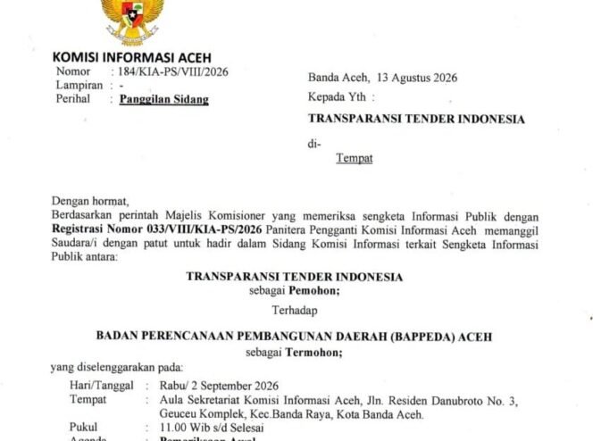 
					TTI Hadapi Bappeda Aceh di Sidang Komisi Informasi, Pokir DPRA Harus Dibuka ke Publik